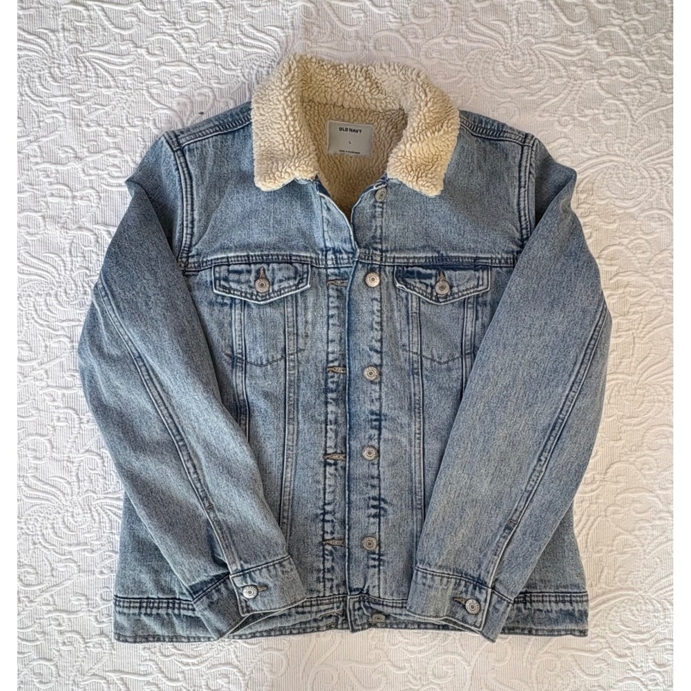 Old Navy Womens Sherpa Lined Denim‎ Trucker Jacket Light Wash Blue Med CA17897